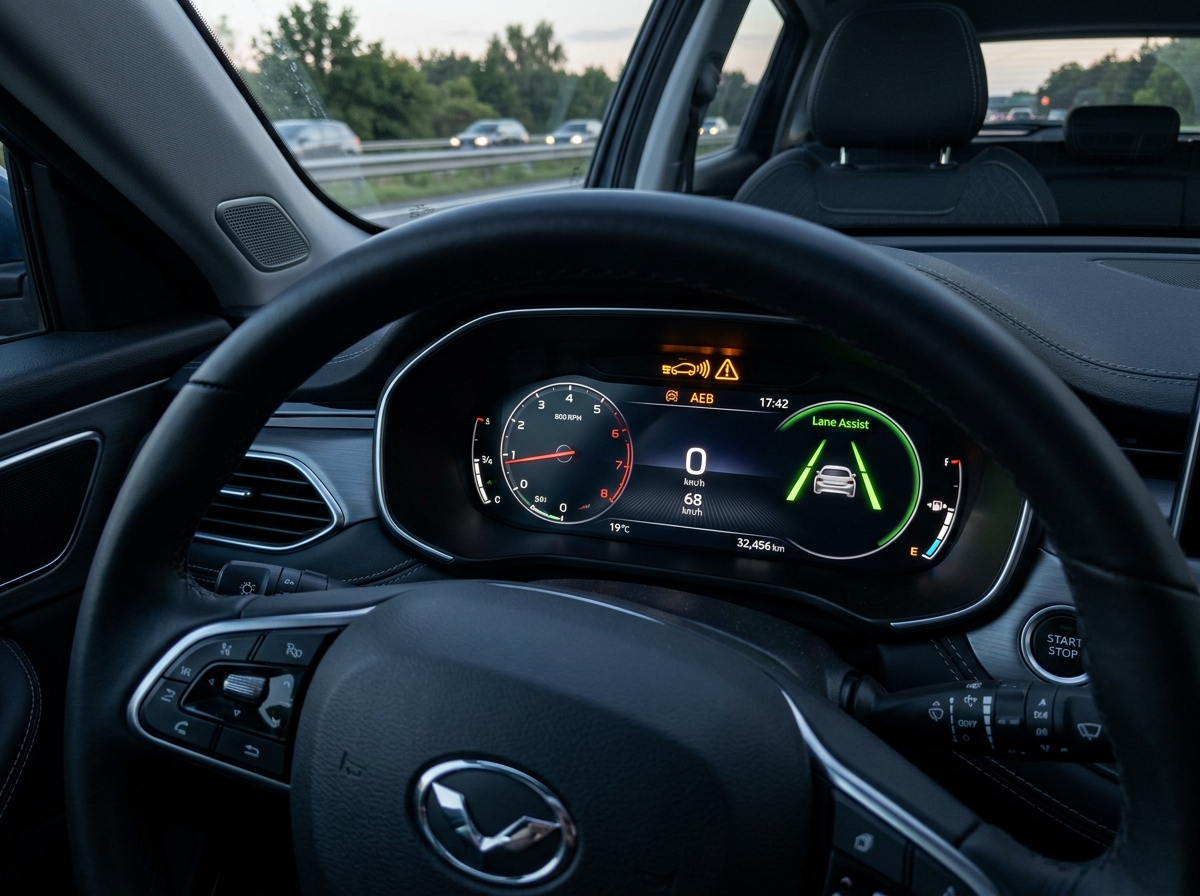 modern car dashboard autonomous emergency braking safety technology UK